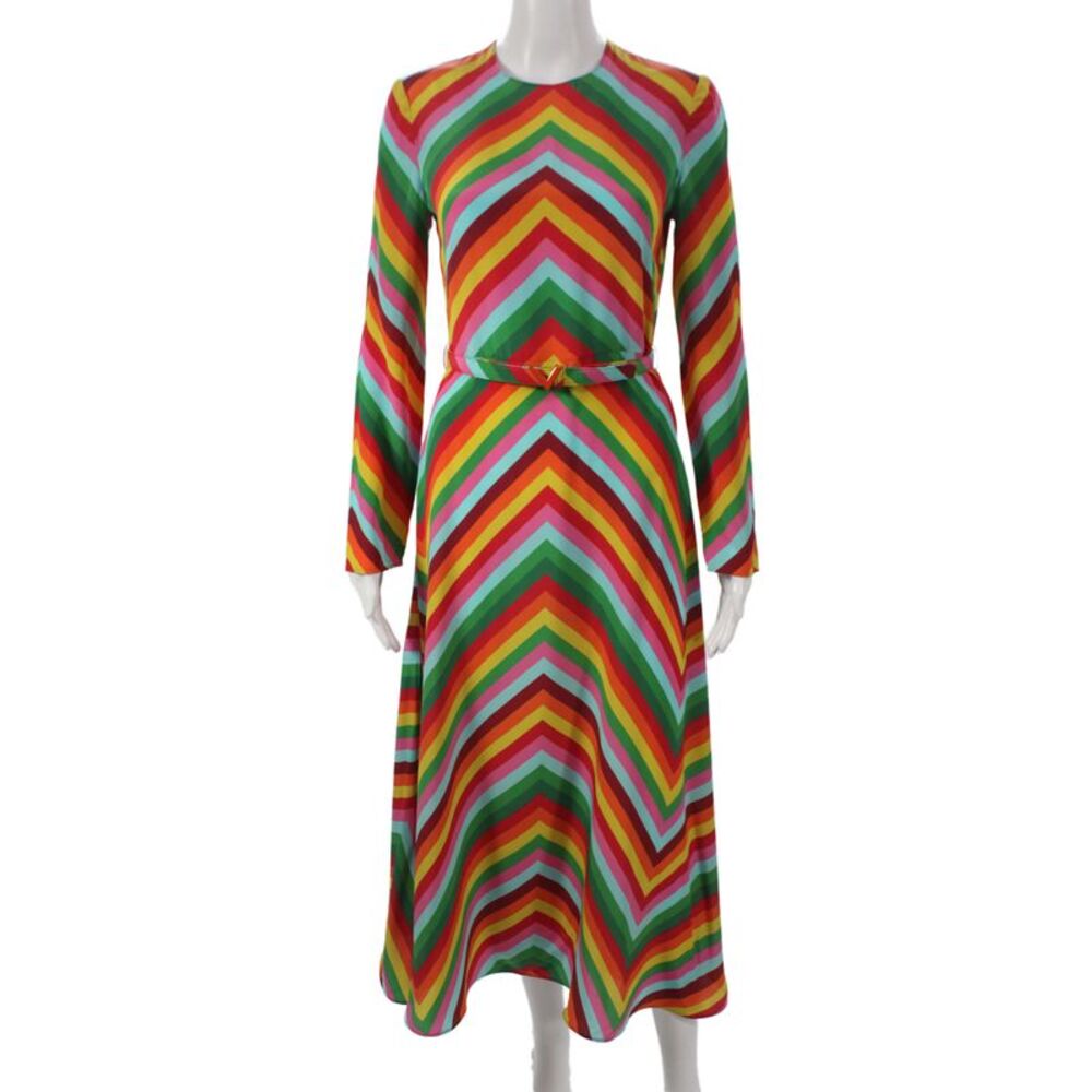 Valentino Women A-Line Maxi Dress Green Silk Striped Long Sleeve Size 38